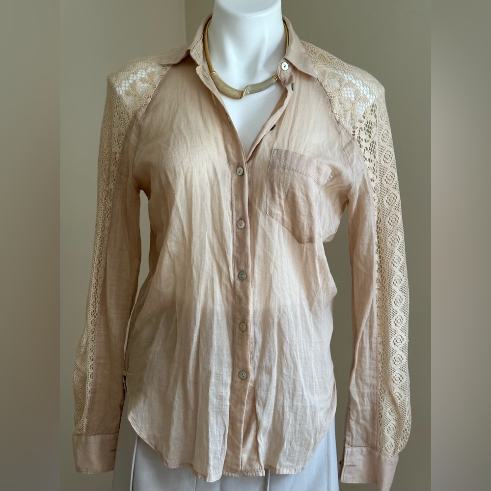 Anthropology Holding Horses CottonTan Blouse Sleeves shoulder & Back Lace SZ XS